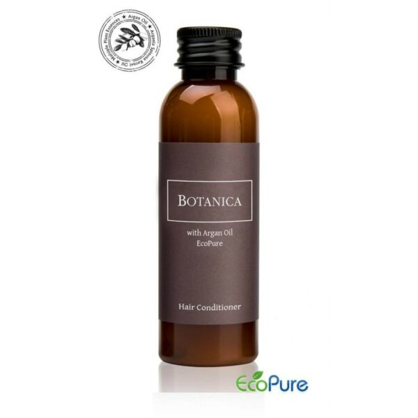 Botanica hotel hair conditioner in a sleek brown bottle of 60ml, formulated with argan oil, and Eco pure. A premium part of the BOTANICA hotel toiletries collection, offering guests natural and indulgent hotel amenities.