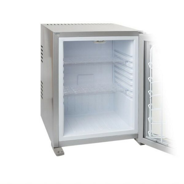 Hotel room minibar fridge, 30 liters, silver color exterior, white interior, and glass transparent door, stylish, with low consumption. A luxury hotel room appliance for guest comfort and convenient access to refreshments, enhancing overall hotel amenities.