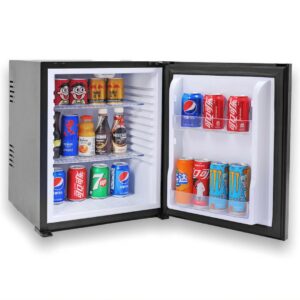 Hotel room minibar fridge, 40 liters, black color, thermoelectric, stocked with assorted beverages, including soft drinks, and energy drinks. A perfect hotel room appliance for guest comfort and convenient access to refreshments, enhancing overall hotel amenities.