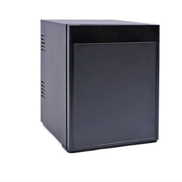 Hotel room minibar fridge, 40 liters, black color, thermoelectric, with low energy consumption. A perfect hotel room appliance for guest comfort and convenient access to refreshments, enhancing overall hotel amenities.