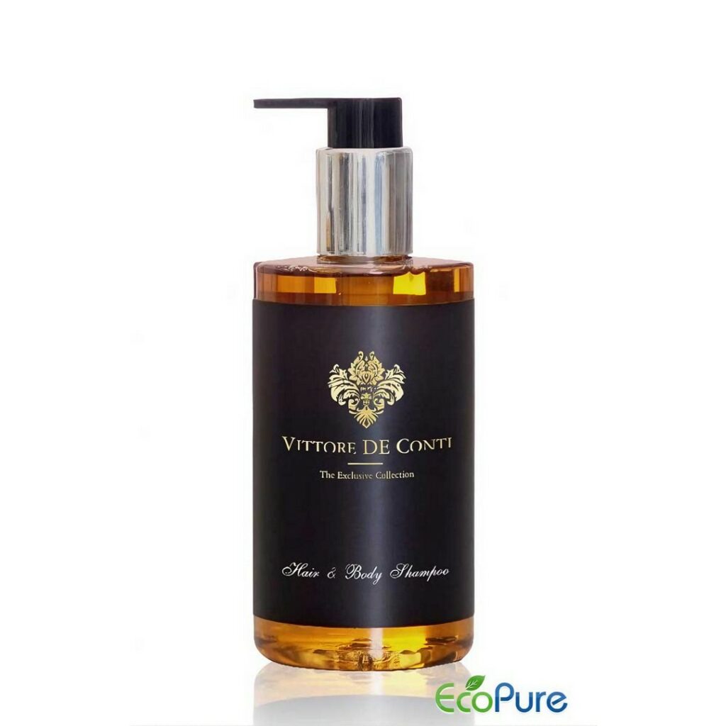 Vittore De Conti hotel shampoo hair and body in a stylish pump bottle of 310ml, with black label and golden letters. A luxury hotel cosmetic that complements the full range of guest toiletries and exclusive hotel amenities.