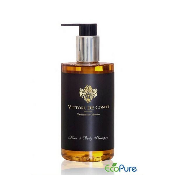 Vittore De Conti hotel shampoo hair and body in a stylish pump bottle of 310ml, with black label and golden letters. A luxury hotel cosmetic that complements the full range of guest toiletries and exclusive hotel amenities.