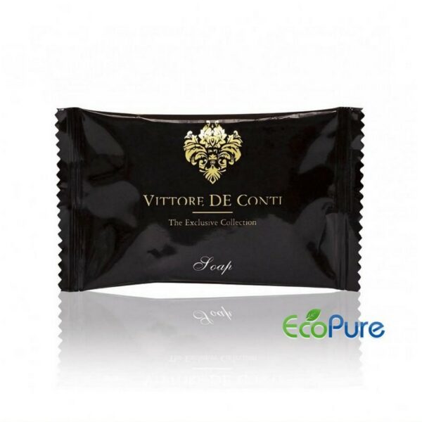 Vittore De Conti soap 15 grams in a sleek black small plastic bag, and Eco pure. A premium part of the VITTORE DE CONTI hotel toiletries exclusive collection, offering guests natural and indulgent hotel amenities.