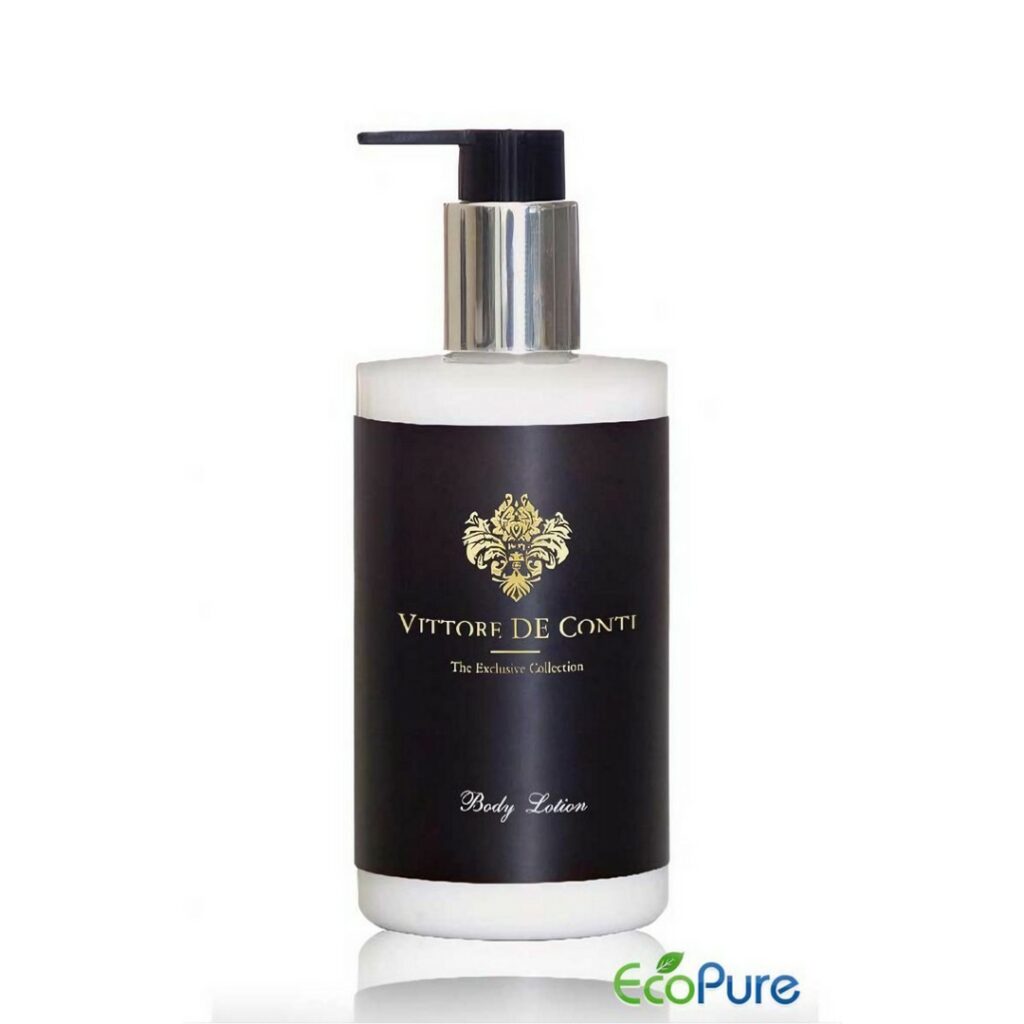 Vittore De Conti hotel body lotion in a stylish pump bottle of 310ml, with black label and golden letters. A luxury hotel cosmetic that complements the full range of guest toiletries and exclusive hotel amenities.