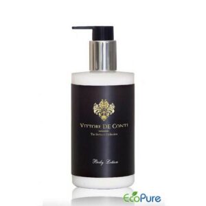 Vittore De Conti hotel body lotion in a stylish pump bottle of 310ml, with black label and golden letters. A luxury hotel cosmetic that complements the full range of guest toiletries and exclusive hotel amenities.