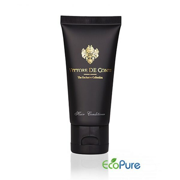 Vittore De Conti hair conditioner in a sleek black tube 40ml, and Eco pure. A premium part of the VITTORE DE CONTI hotel toiletries exclusive collection, offering guests natural and indulgent hotel amenities.