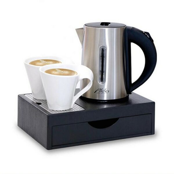 Electric kettle, inox, 0.6 liters on an elegant mini drawer black tray. This hotel room kettle tray set, appliance offers guest comfort, providing an inviting hot beverage experience as part of the room’s hotel amenities.