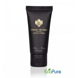 Vittore De Conti shampoo hair and body in a sleek black tube 40ml, and Eco pure. A premium part of the VITTORE DE CONTI hotel toiletries exclusive collection, offering guests natural and indulgent hotel amenities.