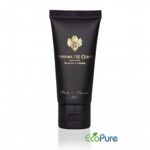 Vittore De Conti bath and shower gel in a sleek black tube 40ml, and Eco pure. A premium part of the VITTORE DE CONTI hotel toiletries exclusive collection, offering guests natural and indulgent hotel amenities.