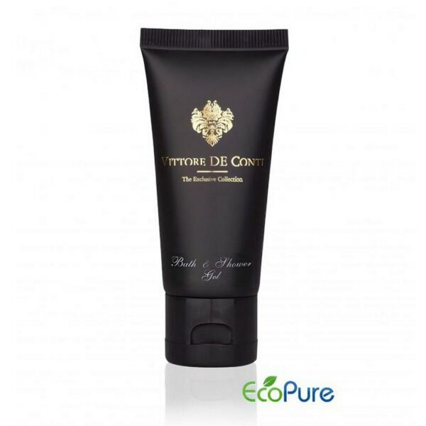 Vittore De Conti bath and shower gel in a sleek black tube 40ml, and Eco pure. A premium part of the VITTORE DE CONTI hotel toiletries exclusive collection, offering guests natural and indulgent hotel amenities.