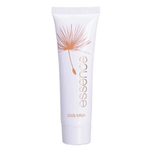 Hotel body lotion Essence, in a sleek white tube 35ml, formulated with sandalwood and red tea, and Eco pure. A premium part of the ESSENCE hotel toiletries collection, natural and indulgent hotel amenities.
