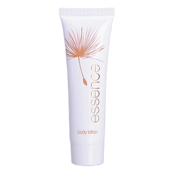 Hotel body lotion Essence, in a sleek white tube 35ml, formulated with sandalwood and red tea, and Eco pure. A premium part of the ESSENCE hotel toiletries collection, natural and indulgent hotel amenities.