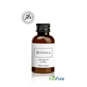 Botanica hotel body lotion in a sleek brown bottle 40ml, with a white label, formulated with argan oil, and Eco pure. A luxurious part of the BOTANICA hotel toiletries collection, offering guests natural and indulgent hotel amenities.