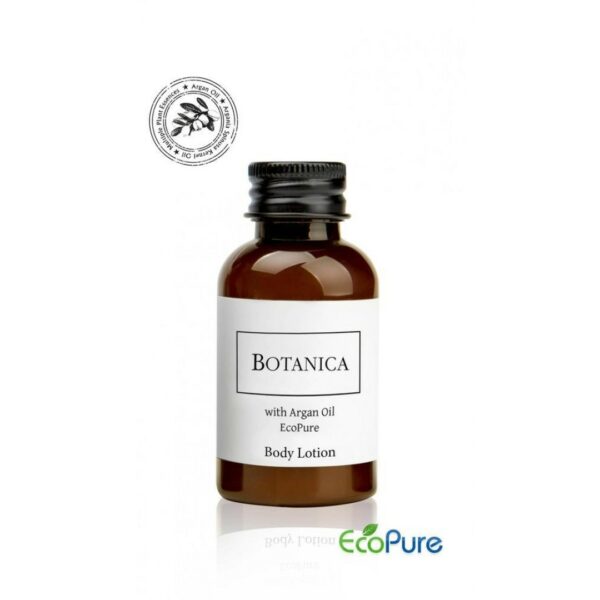 Botanica hotel body lotion in a sleek brown bottle 40ml, with a white label, formulated with argan oil, and Eco pure. A luxurious part of the BOTANICA hotel toiletries collection, offering guests natural and indulgent hotel amenities.