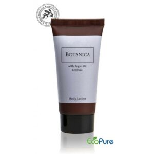 Botanica hotel body lotion in a sleek brown tube 40ml, formulated with argan oil, and Eco pure. A premium part of the BOTANICA hotel toiletries collection, offering guests natural and indulgent hotel amenities.