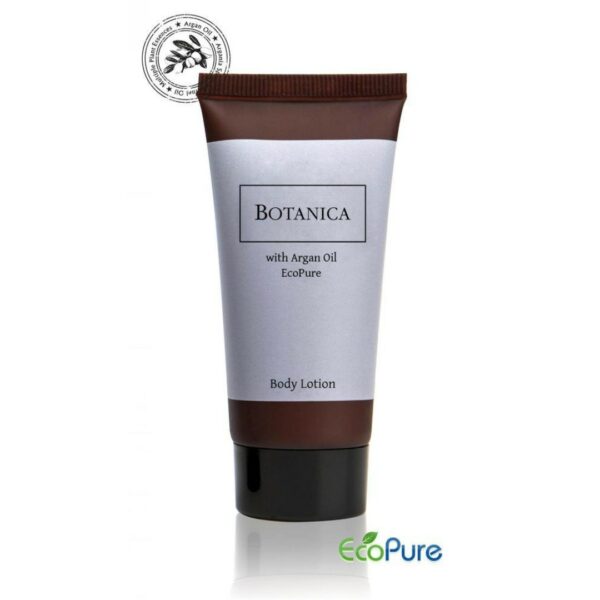 Botanica hotel body lotion in a sleek brown tube 40ml, formulated with argan oil, and Eco pure. A premium part of the BOTANICA hotel toiletries collection, offering guests natural and indulgent hotel amenities.
