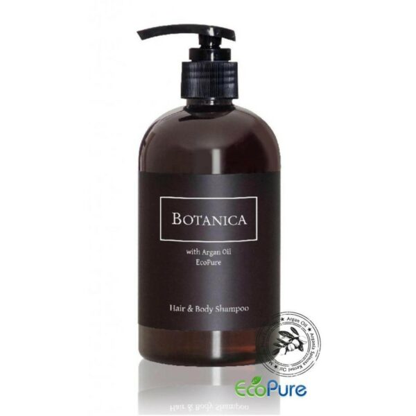 Botanica hair and body hotel shampoo in a elegant brown pump bottle of 360ml, formulated with argan oil, and Eco pure. A premium part of the BOTANICA hotel toiletries collection, offering guests natural and indulgent hotel amenities.