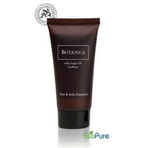 Botanica hotel shampoo hair and body in a sleek brown tube 40ml, formulated with argan oil, and Eco pure. A premium part of the BOTANICA hotel toiletries collection, offering guests natural and indulgent hotel amenities.