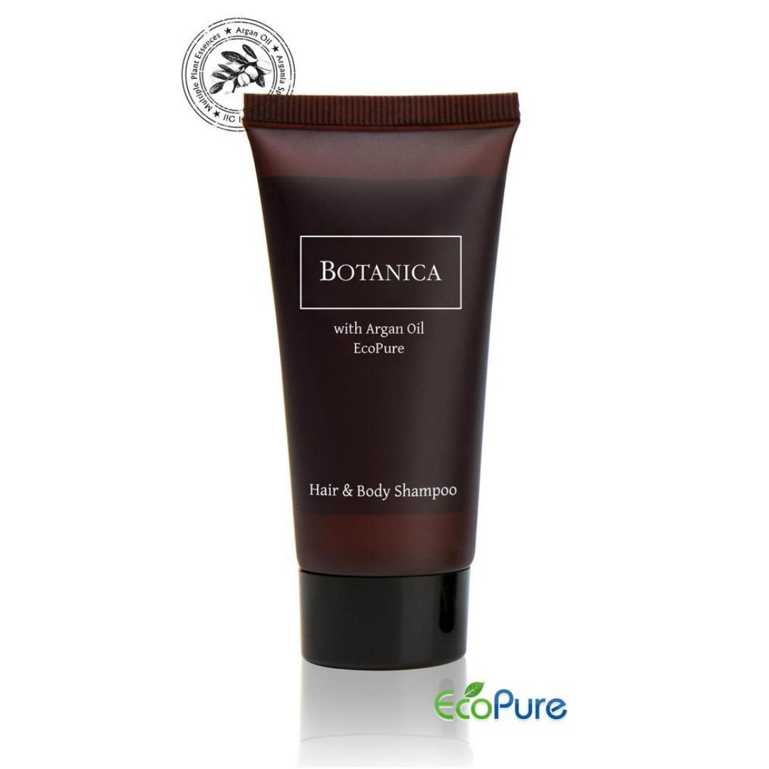 Botanica hotel shampoo hair and body in a sleek brown tube 40ml, formulated with argan oil, and Eco pure. A premium part of the BOTANICA hotel toiletries collection, offering guests natural and indulgent hotel amenities.
