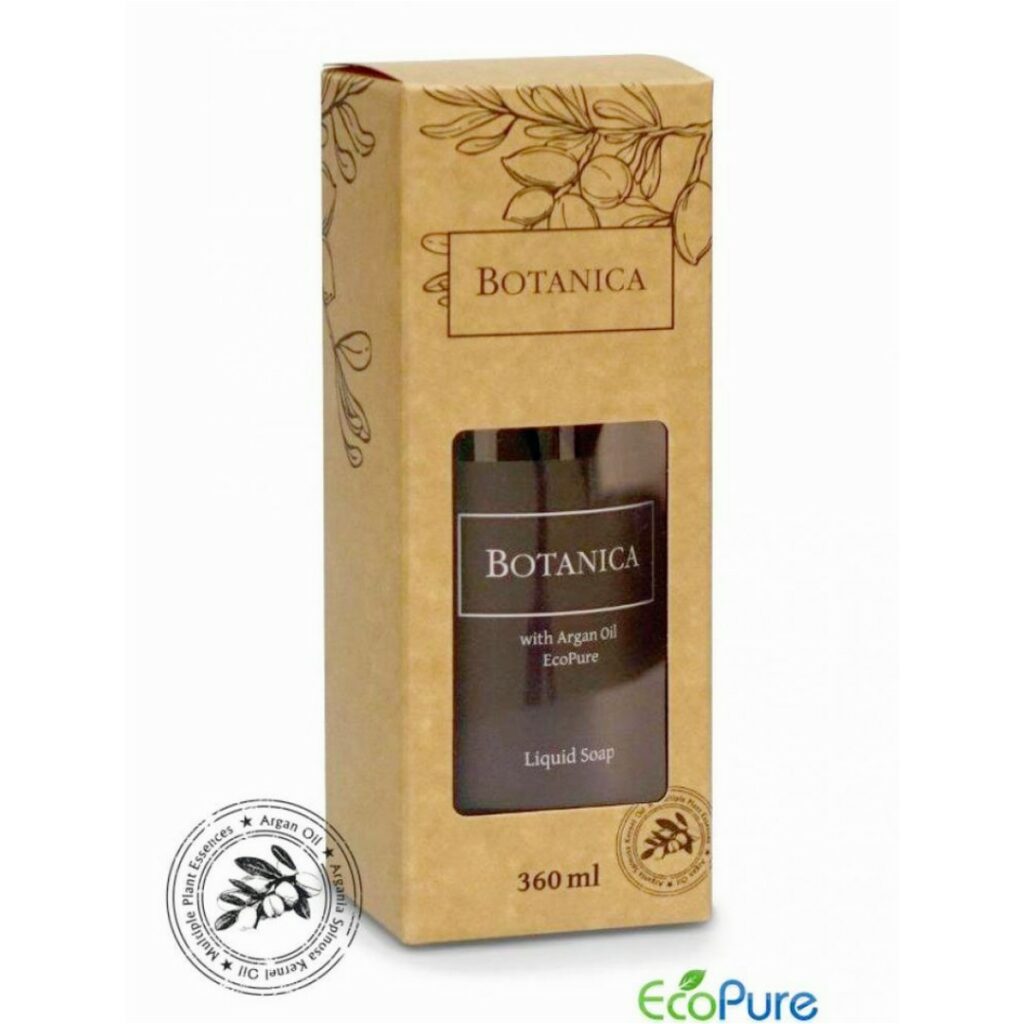 Botanica liquid soap, gift edition. A brown pump bottle 360ml inside in an elegant beige paper box. A premium part of the BOTANICA hotel toiletries collection, natural and indulgent hotel amenities.