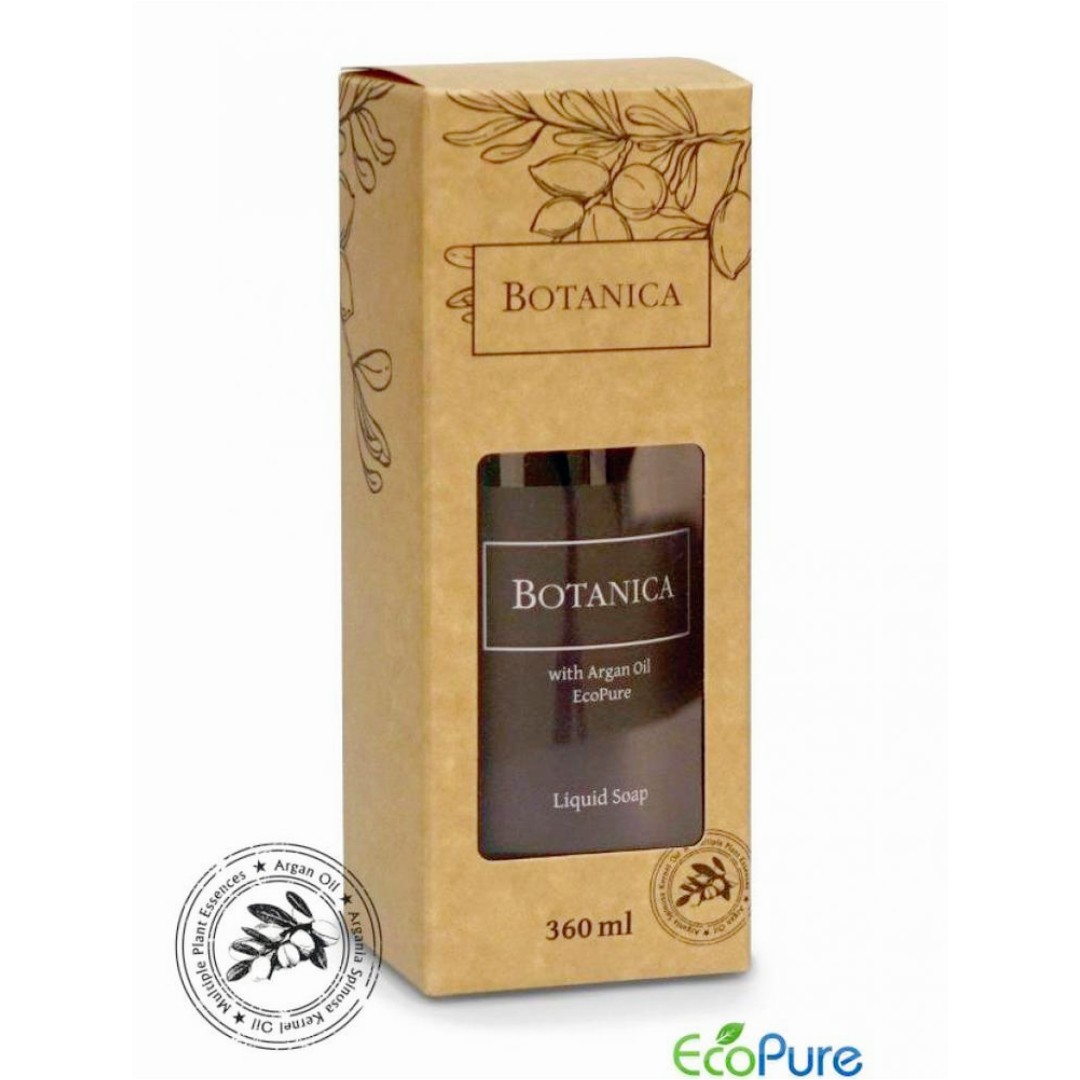Botanica liquid soap, gift edition. A brown pump bottle 360ml inside in an elegant beige paper box. A premium part of the BOTANICA hotel toiletries collection, natural and indulgent hotel amenities.