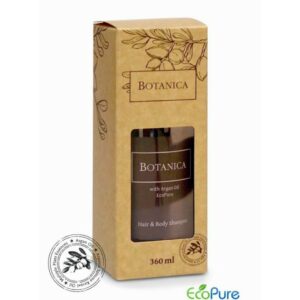 Botanica shampoo hair and body, gift edition. A brown pump bottle 360ml inside in an elegant beige paper box. A premium part of the BOTANICA hotel toiletries collection, natural and indulgent hotel amenities.