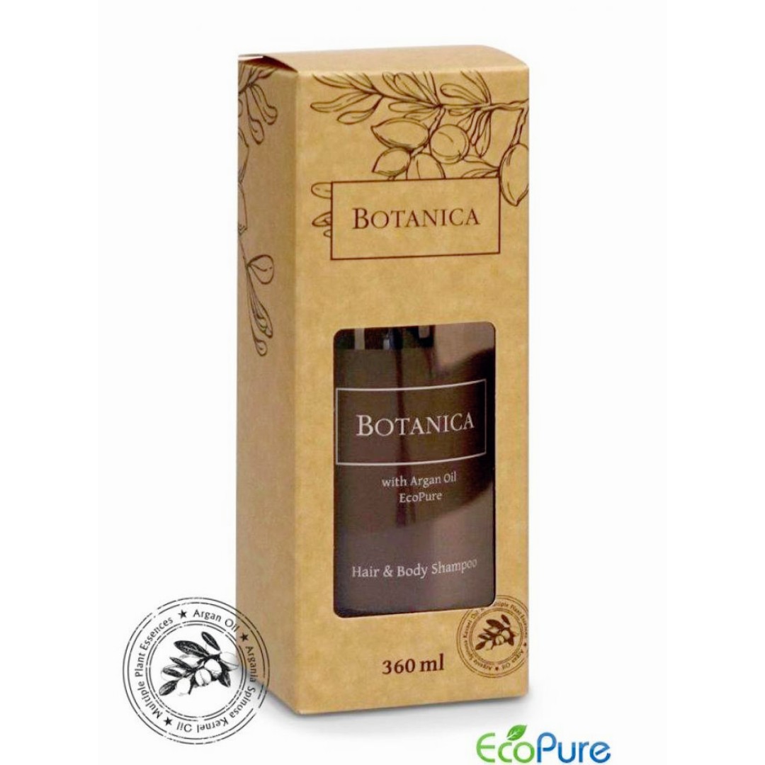 Botanica shampoo hair and body, gift edition. A brown pump bottle 360ml inside in an elegant beige paper box. A premium part of the BOTANICA hotel toiletries collection, natural and indulgent hotel amenities.