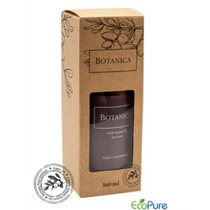 Botanica hair conditioner, gift edition. A brown pump bottle 360ml inside in an elegant beige paper box. A premium part of the BOTANICA hotel toiletries collection, natural and indulgent hotel amenities.