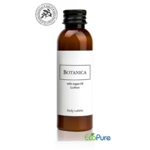 Botanica hotel body lotion in a sleek brown bottle of 60ml with white label, formulated with argan oil, and Eco pure. A premium part of the BOTANICA hotel toiletries collection, offering guests natural and indulgent hotel amenities.