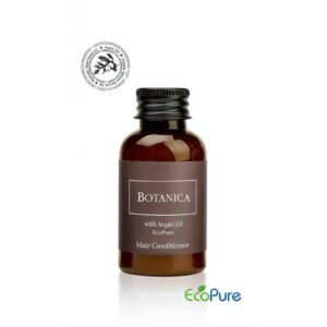 Botanica hotel hair conditioner in a sleek brown bottle 40ml, formulated with argan oil, and Eco pure. A luxurious part of the BOTANICA hotel toiletries collection, offering guests natural and indulgent hotel amenities.