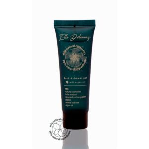 Hotel bath shower gel in a sleek green-blue tube 30ml, formulated with argan oil, 98% natural ingredients, vegan, and Eco pure. A premium part of the Ella Delannoy hotel toiletries collection, offering guests natural and indulgent hotel amenities.