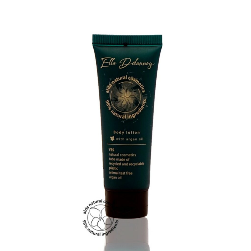 Hotel body lotion in a sleek green-blue tube 30ml, formulated with argan oil, 98% natural ingredients, vegan, and Eco pure. A premium part of the Ella Delannoy hotel toiletries collection, offering guests natural and indulgent hotel amenities.