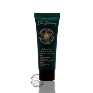 Hotel body lotion in a sleek green-blue tube 30ml, formulated with argan oil, 98% natural ingredients, vegan, and Eco pure. A premium part of the Ella Delannoy hotel toiletries collection, offering guests natural and indulgent hotel amenities.