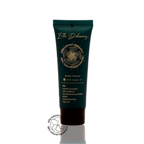 Hotel body lotion in a sleek green-blue tube 30ml, formulated with argan oil, 98% natural ingredients, vegan, and Eco pure. A premium part of the Ella Delannoy hotel toiletries collection, offering guests natural and indulgent hotel amenities.