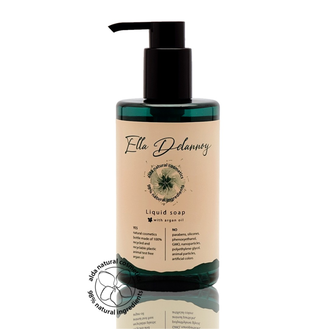 Hotel liquid soap in a green pump bottle 310ml, formulated with argan oil, 98% natural ingredients, vegan, and Eco pure. A premium part of the Ella Delannoy hotel toiletries collection, offering guests natural and indulgent hotel amenities.