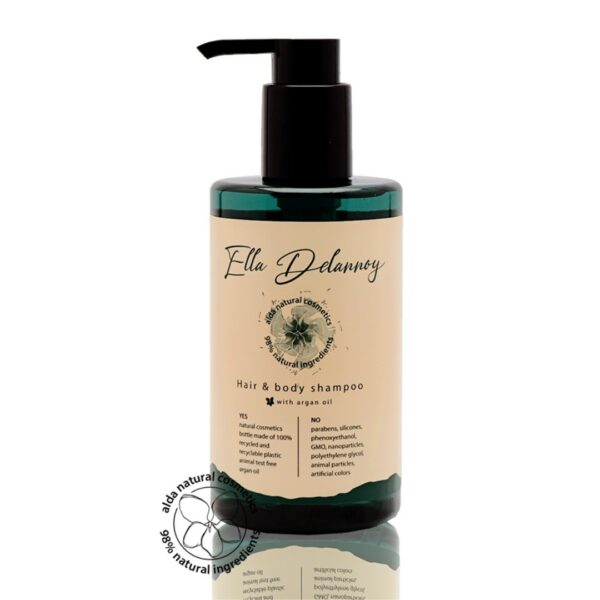 Hotel shampoo for hair and body in a green pump bottle 310ml, formulated with argan oil, 98% natural ingredients, vegan, and Eco pure. A premium part of the Ella Delannoy hotel toiletries collection, offering guests natural and indulgent hotel amenities.