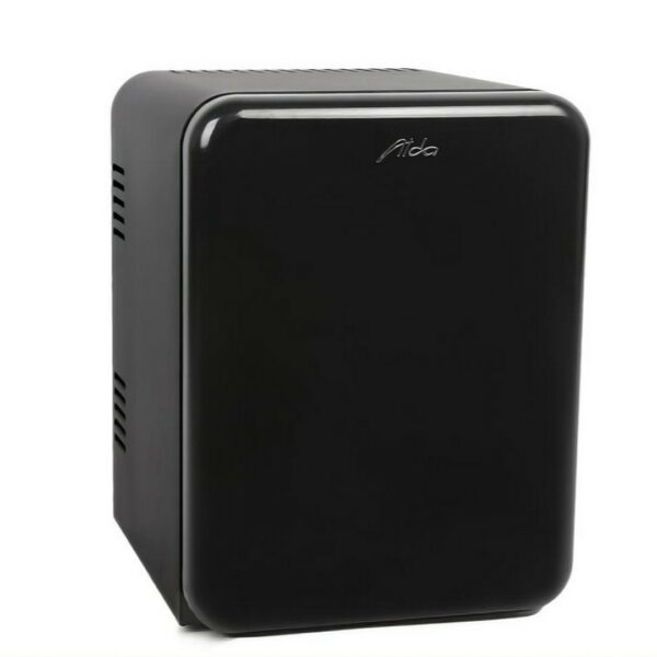 Hotel room minibar fridge, 30 liters, black color, vintage retro style, and with low energy consumption. A luxury hotel room appliance for guest comfort and convenient access to refreshments, enhancing overall hotel amenities.