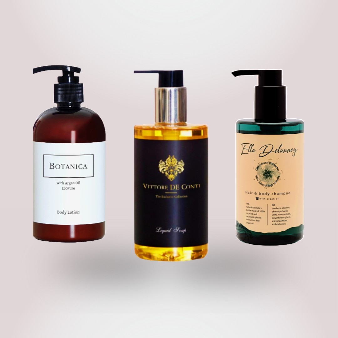 hotel cosmetics in dispensers bottles