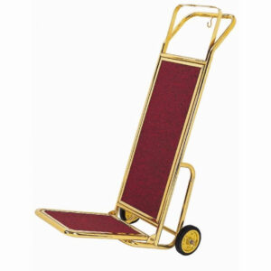 Compact gold hand luggage cart with a deep red panel, perfect for convenient guest service in luxury hotel lobbies. A refined addition to hotel amenities, promoting guest comfort.