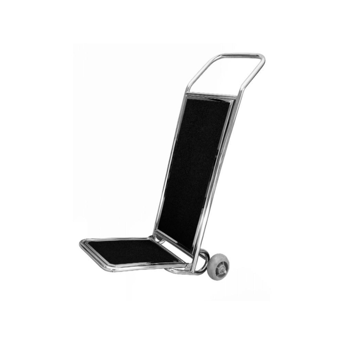 Compact hotel hand luggage cart, stainless steel with a black panel, perfect for convenient guest service in luxury hotels. A refined addition to hotel amenities, promoting guest comfort.