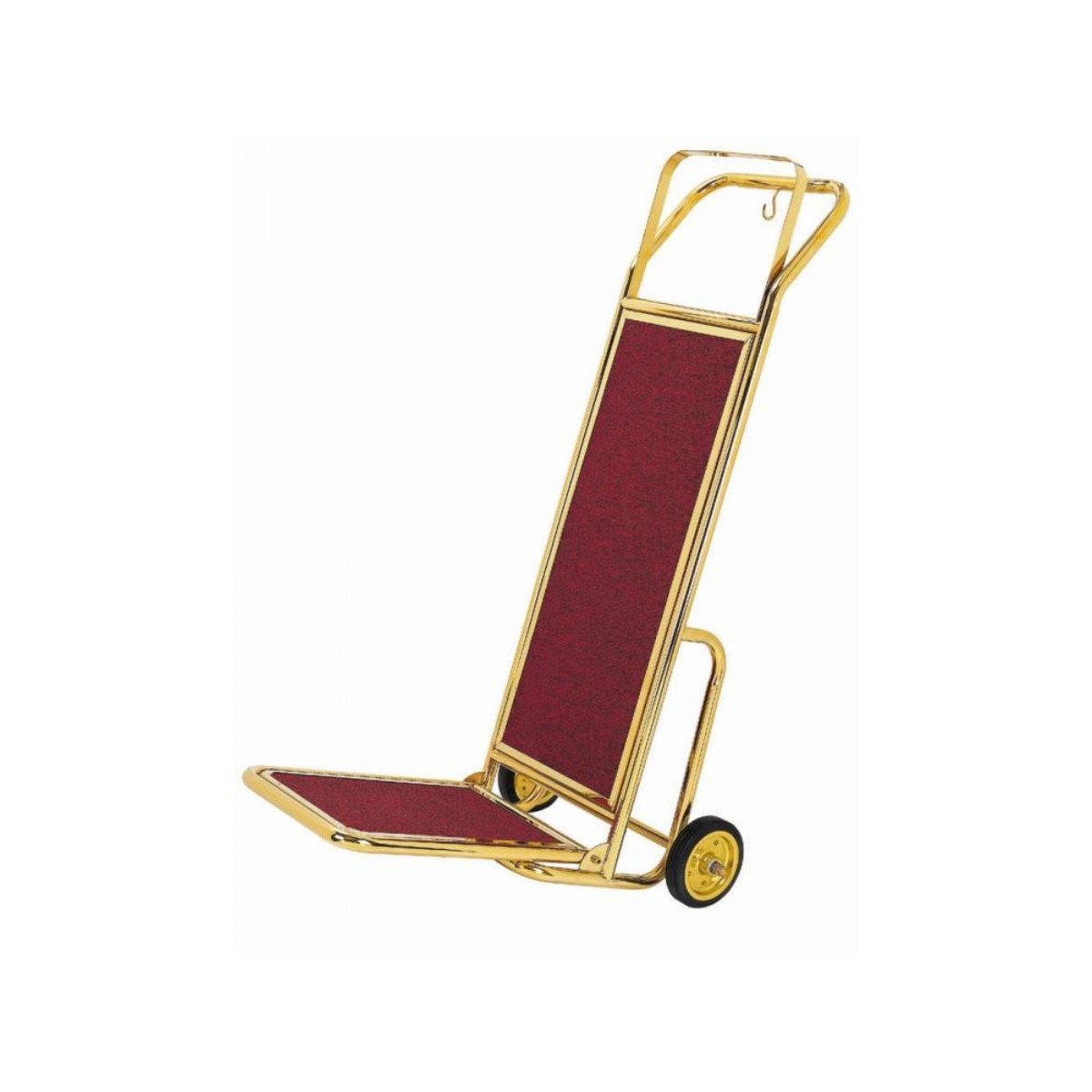 Compact gold luggage handcart with a deep red panel, perfect for convenient guest service in luxury hotel lobbies. A refined addition to hotel amenities, promoting guest comfort.