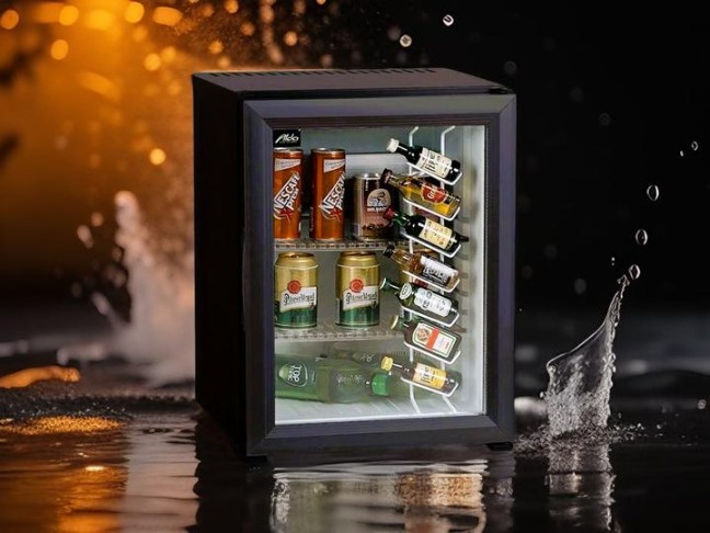 A modern glass door mini bar fridge for hotel room