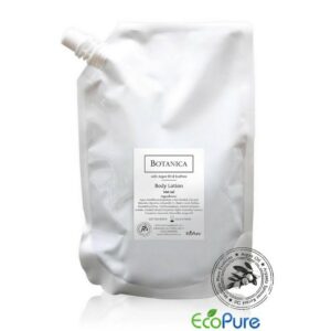 Botanica body lotion in a white bag of 360ml, formulated with argan oil, and Eco pure, aimed to refill pump dispenser bottles. A premium part of the BOTANICA hotel toiletries collection, offering guests natural and indulgent hotel amenities.