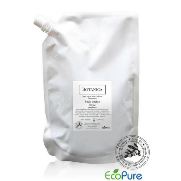 Botanica body lotion in a white bag of 360ml, formulated with argan oil, and Eco pure, aimed to refill pump dispenser bottles. A premium part of the BOTANICA hotel toiletries collection, offering guests natural and indulgent hotel amenities.