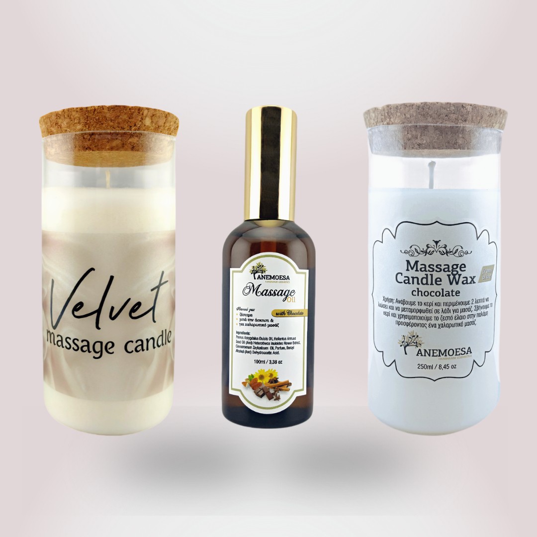 Massage essentials such as candle oil, candle wax, body oil