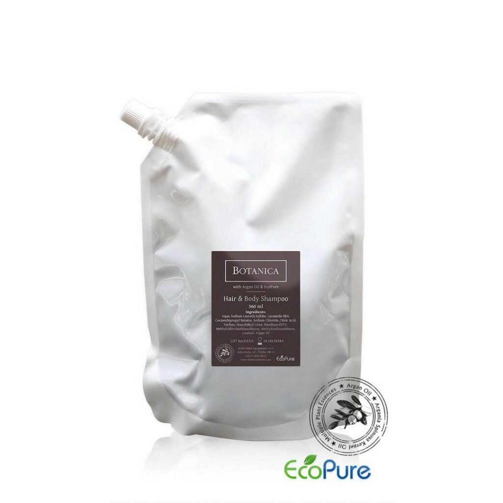 Botanica hair and body shampoo in a white bag of 360ml, formulated with argan oil, and Eco pure, aimed to refill pump dispenser bottles. A premium part of the BOTANICA hotel toiletries collection, offering guests natural and indulgent hotel amenities.