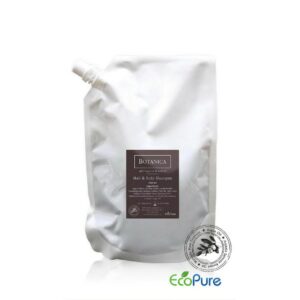 Botanica hair and body shampoo in a white bag of 360ml, formulated with argan oil, and Eco pure, aimed to refill pump dispenser bottles. A premium part of the BOTANICA hotel toiletries collection, offering guests natural and indulgent hotel amenities.