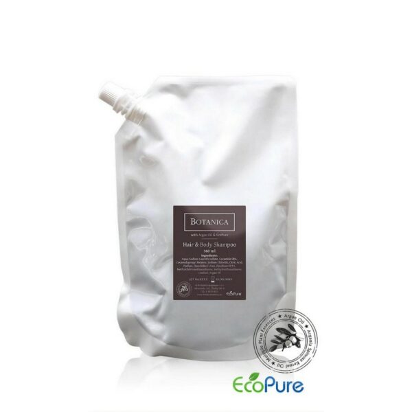 Botanica hair and body shampoo in a white bag of 360ml, formulated with argan oil, and Eco pure, aimed to refill pump dispenser bottles. A premium part of the BOTANICA hotel toiletries collection, offering guests natural and indulgent hotel amenities.