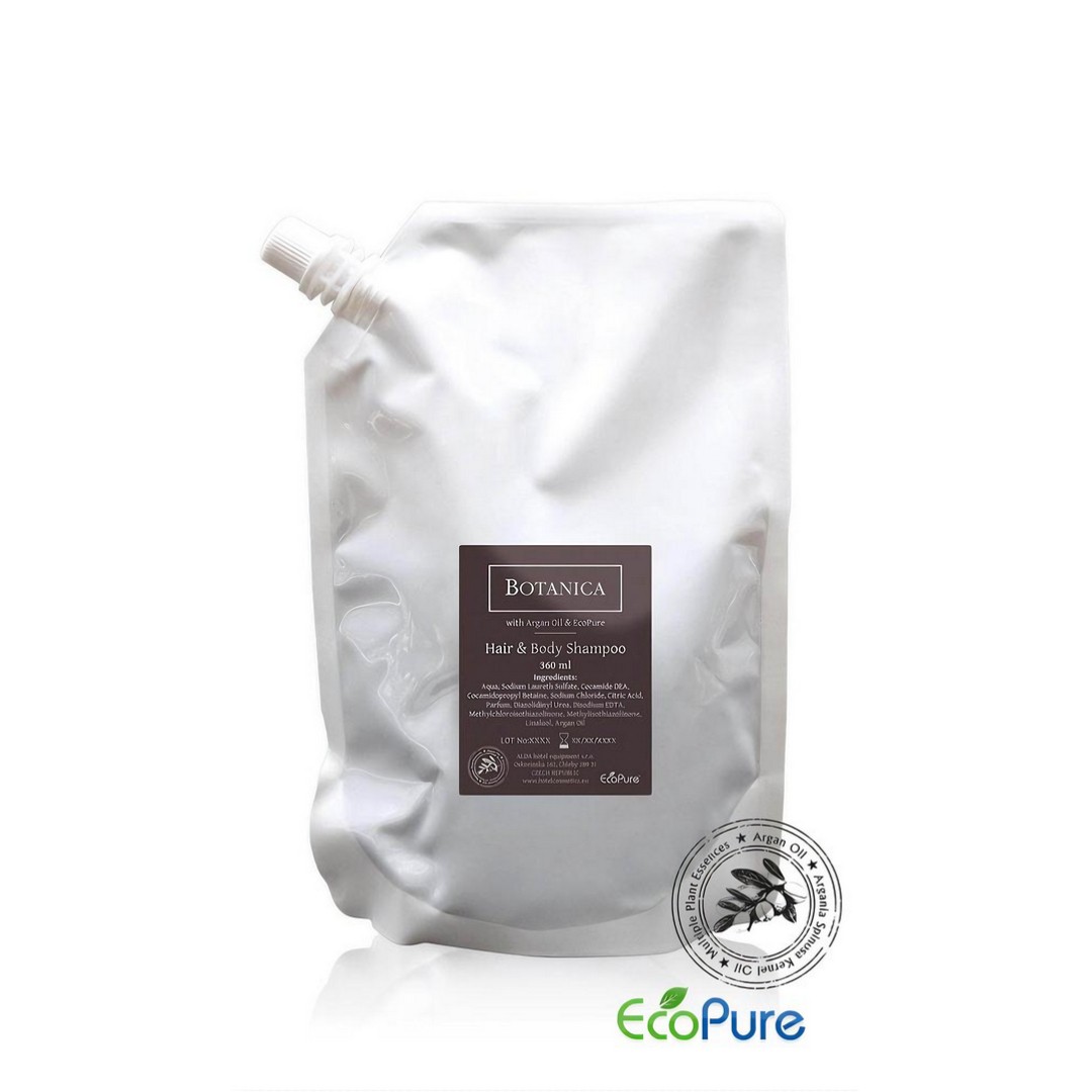 Botanica hair and body shampoo in a white bag of 360ml, formulated with argan oil, and Eco pure, aimed to refill pump dispenser bottles. A premium part of the BOTANICA hotel toiletries collection, offering guests natural and indulgent hotel amenities.