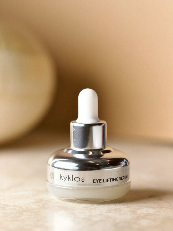 Eye-lifting serum from Kyklos in a small luxury silver bottle of 20ml. Natural organic cosmetics for guests' skincare, exclusively from ENDEAVOR hotel cosmetics and toiletries.